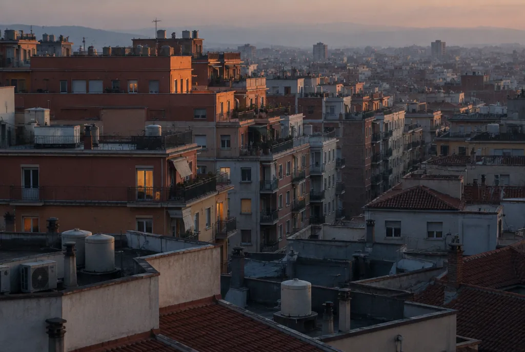 View over the rooftops of a residential district at dusk